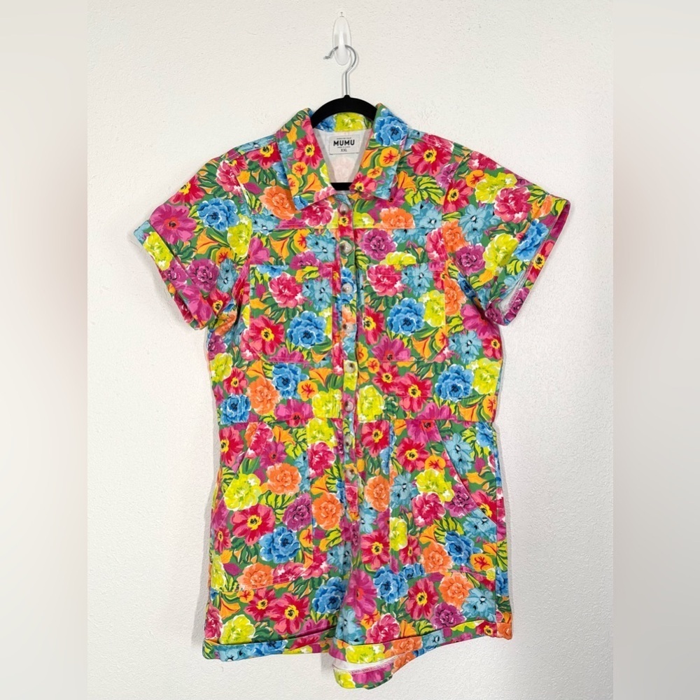 Show Me Your Mumu Cannon Denim Cotton Romper Bright Floral Soiree XXL - Picture 2 of 6